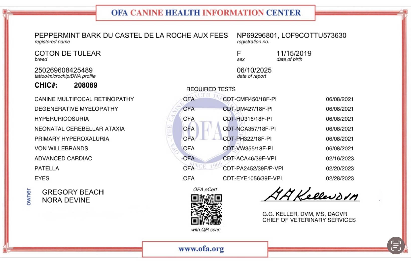 Beach Cotons of PA Poppy’s OFA Results